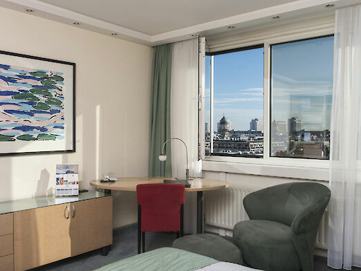 Maritim hotel room in Berlin with a view of the Gendarmenmarkt.