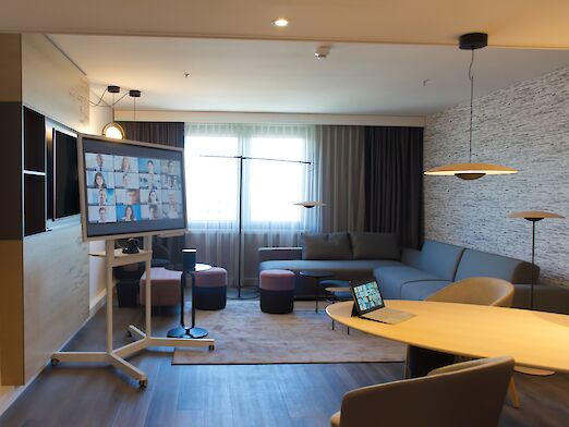 Hotel suite at Frankfurt Airport Marriott Hotel with a hybrid meeting setup.