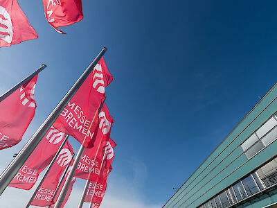 Messe Bremen flags in a blue sky