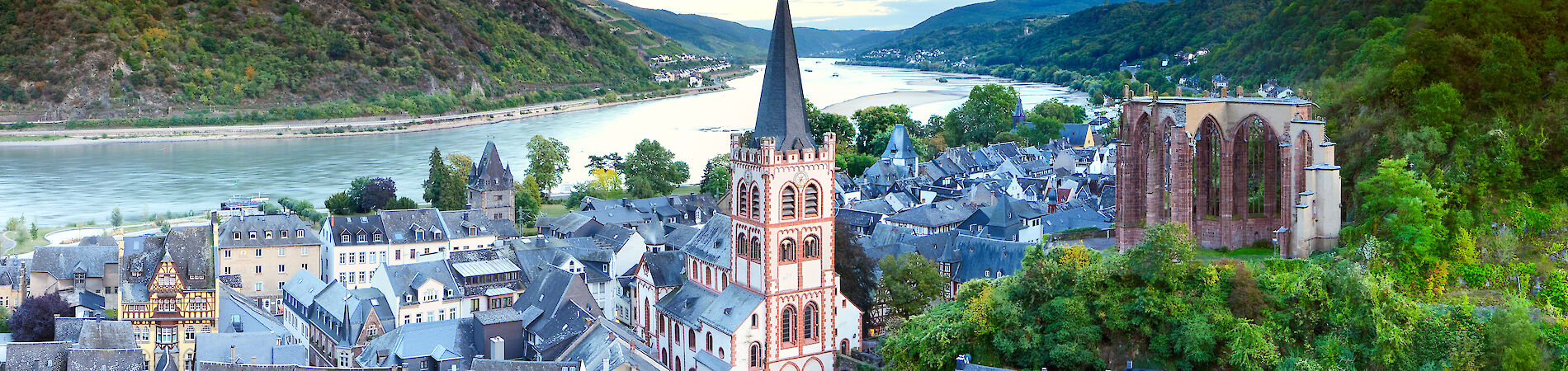 Aerial view of the town of Bacharach in the UNESCO World Heritage Upper Middle Rhine Valley.