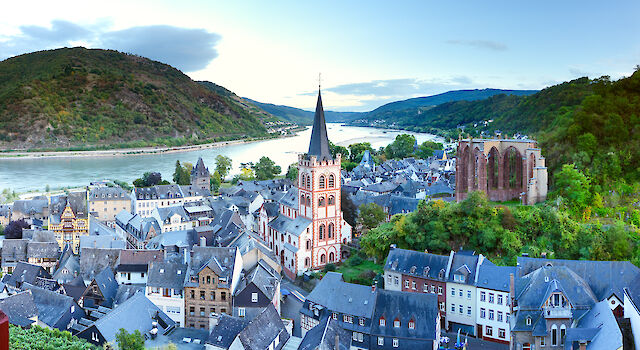 Aerial view of the town of Bacharach in the UNESCO World Heritage Upper Middle Rhine Valley.